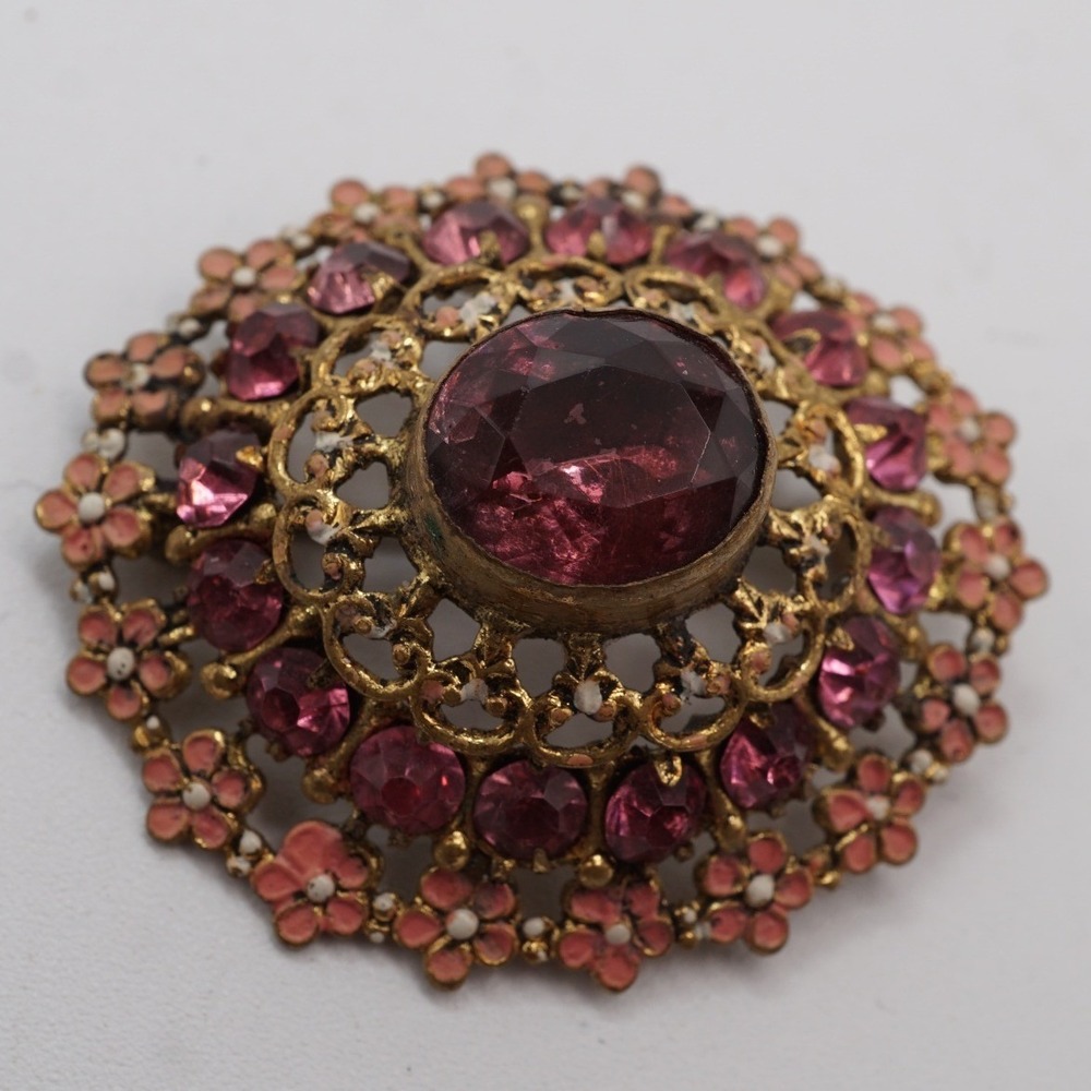 Vintage Purple Rhinestone Pink Enamel Flower Gold Tone Filigree Round Brooch Pin